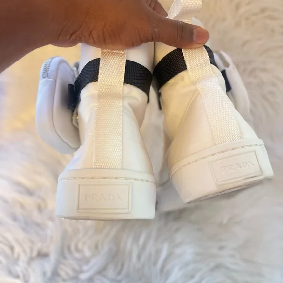 Prada White High-Top Sneakers with Black Strap - Picture 5 of 14